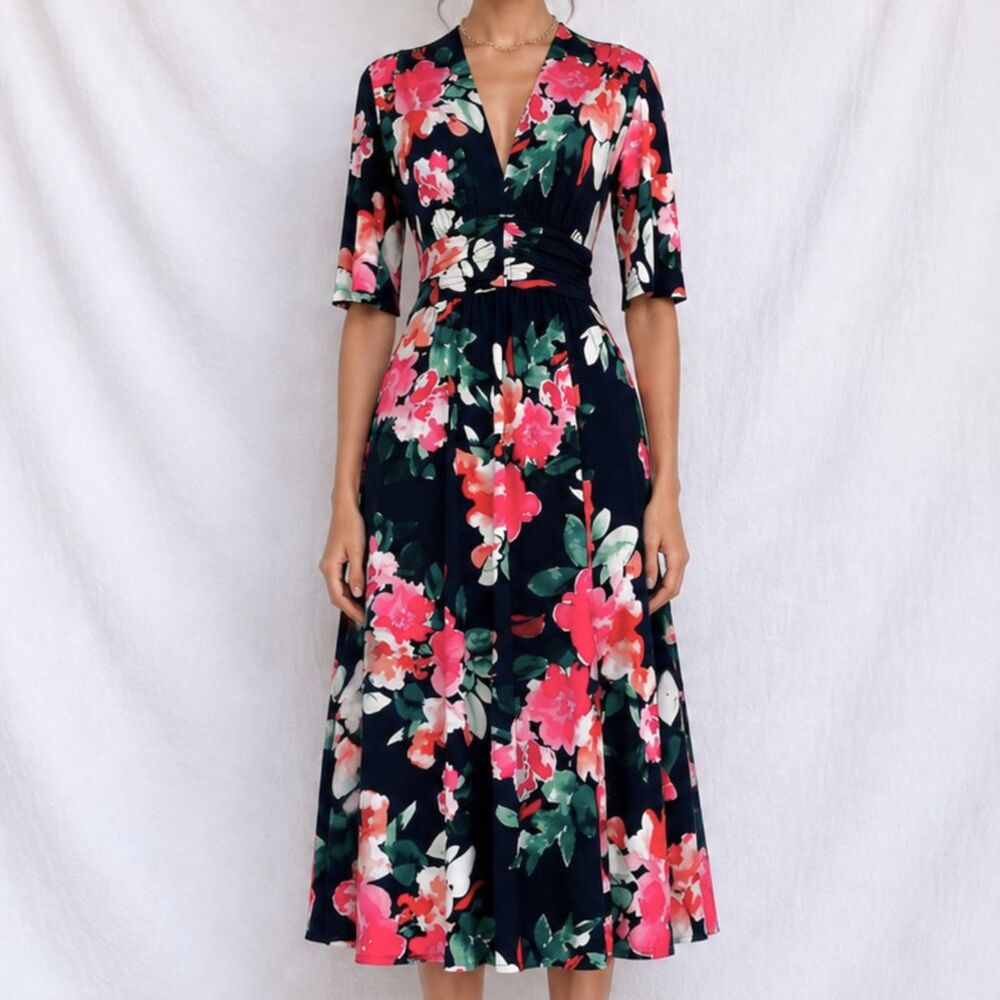 Vintage Y2K Vince Camuto Blue Floral Print Knit Flared V-Neck Midi Sundress 8/M